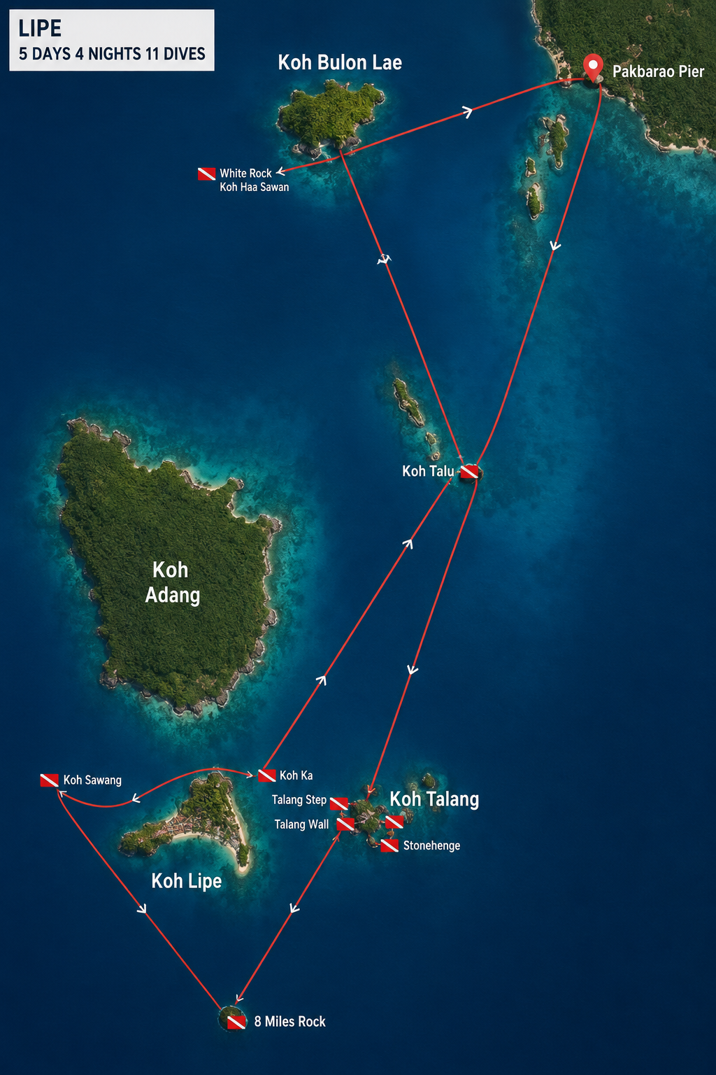 Lipe 5 Days 4 Nights 11 Dives route map — Koh Adang, Koh Talung, 8 Mile Rock, Koh Talang, Koh Talu