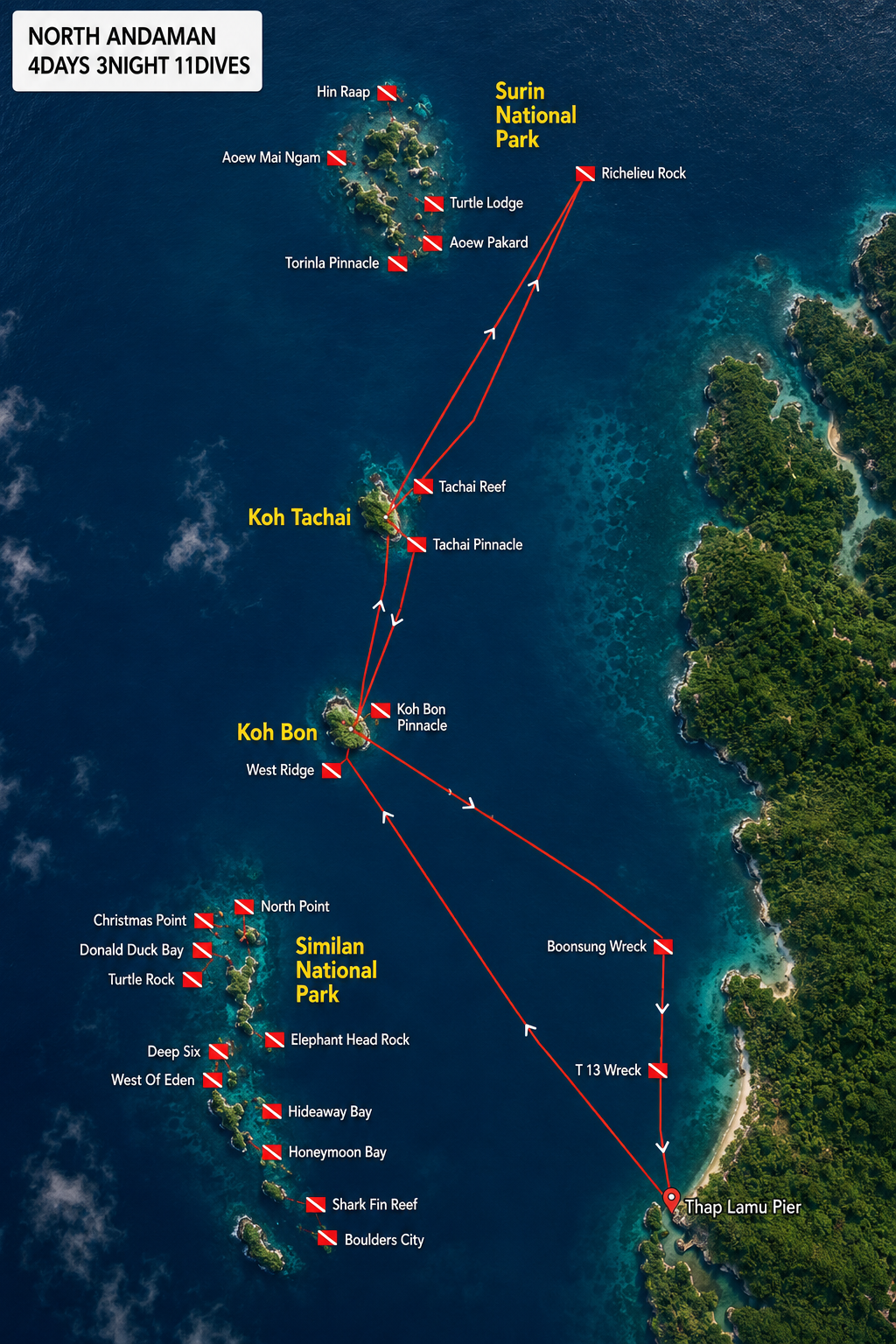 North Andaman 4 Days 3 Nights 11 Dives route map — Koh Bon, Koh Tachai, Koh Surin, Richelieu Rock, Boonsung Wreck, T.13 Wreck, Thap Lamu Pier