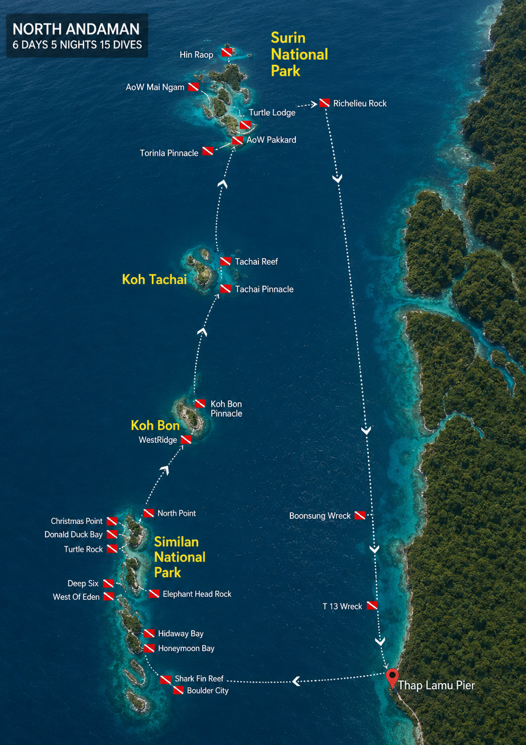 North Andaman 6 Days 5 Nights 15 Dives route map — Similan Islands, Koh Bon, Koh Tachai, Koh Surin, Richelieu Rock, Boonsung Wreck, T.13 Wreck, Tap Lamu Pier