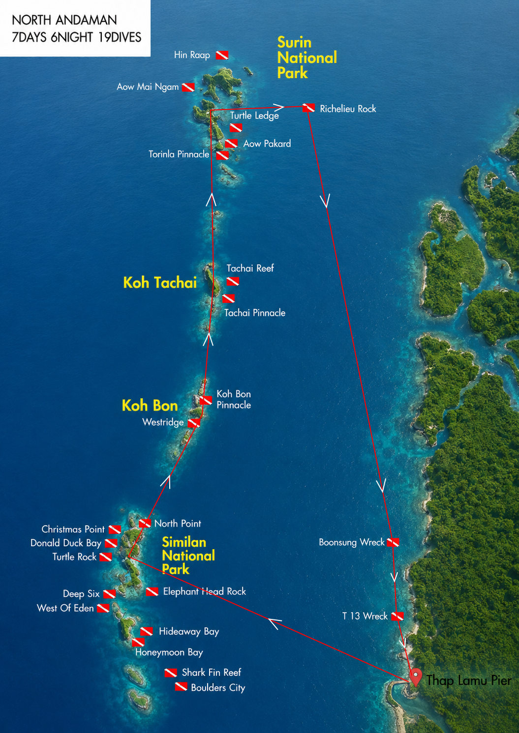 North Andaman 7 Days 6 Nights 19 Dives route map — Similan Islands, Koh Bon, Koh Tachai, Koh Surin, Richelieu Rock, Boonsung Wreck, T.13 Wreck, Tap Lamu Pier