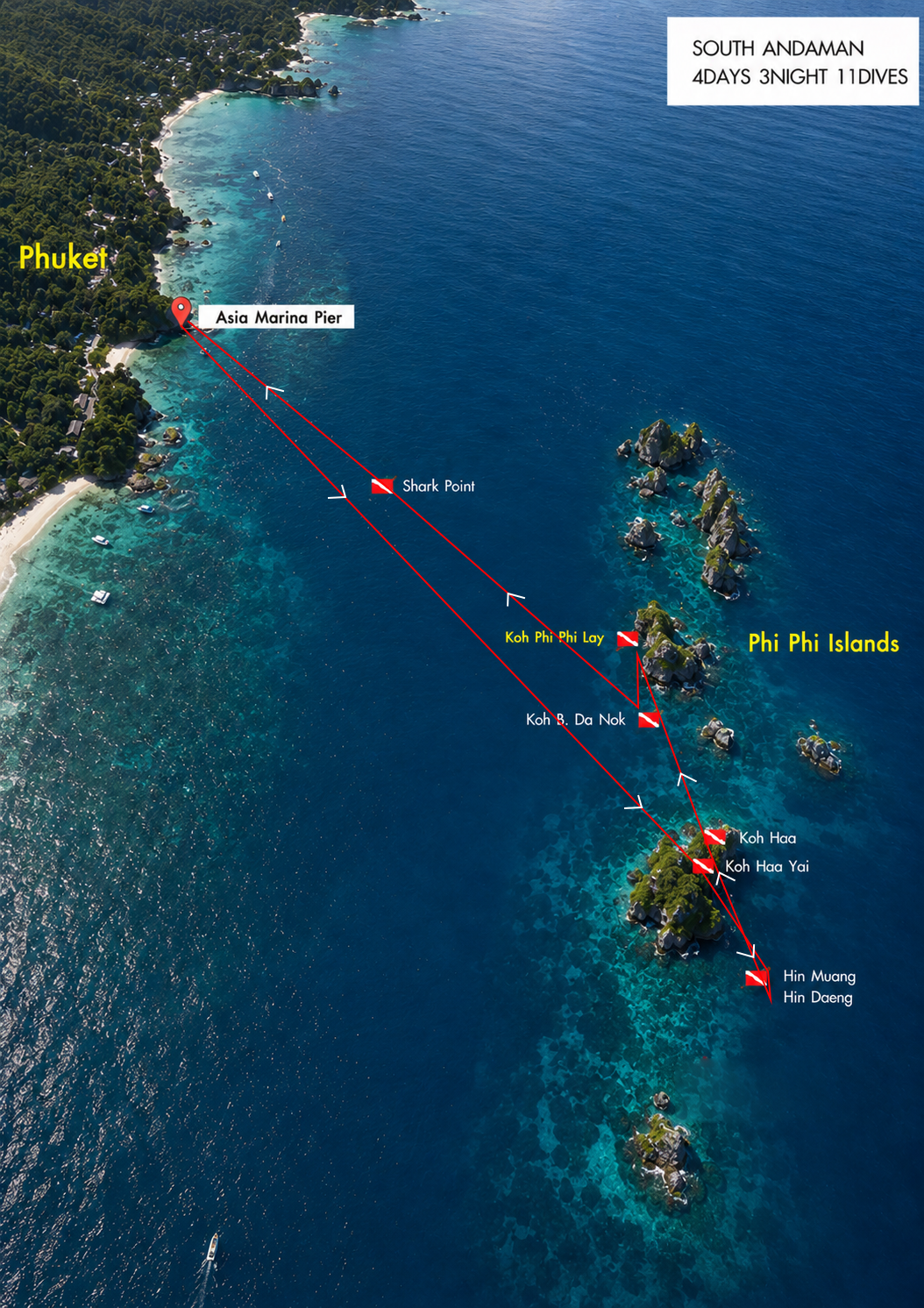 North Andaman 4 Days 3 Nights 11 Dives route map — Koh Bon, Koh Tachai, Koh Surin, Richelieu Rock, Boonsung Wreck, T.13 Wreck, Thap Lamu Pier